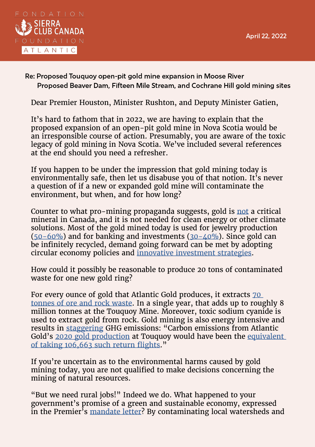 Gold mining expansion—Letter to the Govt of NS